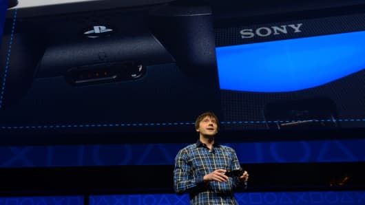 Sony video game designer Mark Cerny speaks as Sony takes wraps off  PlayStation 4 in New York.
